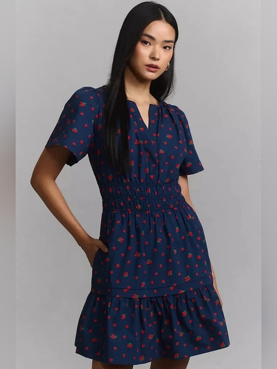Anthropologie Dresses & Skirts - Anthropologie Navy Blue Short Sleeve Strawberry  Midi Dress